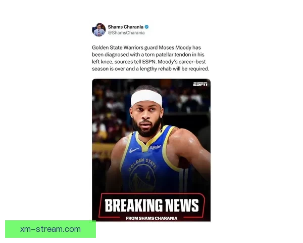 勇士官方宣布穆迪成功接受手术将缺席本赛季余下比赛预计完全康复